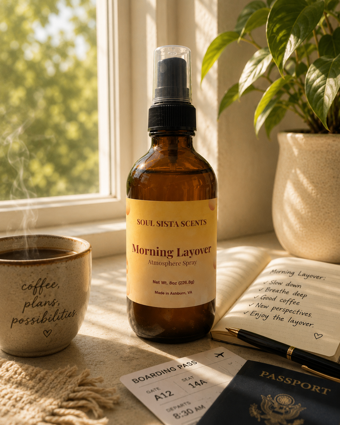 Bottle of 'Morning Layover' atmosphere spray on a windowsill with a cup, notebook, and passport.