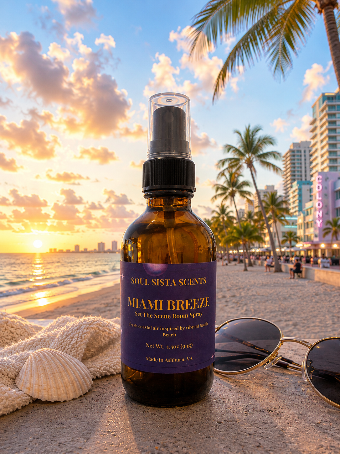 Soul Sista Scents Miami Breeze room spray amber bottle on the beach sand during a vibrant tropical sunset
