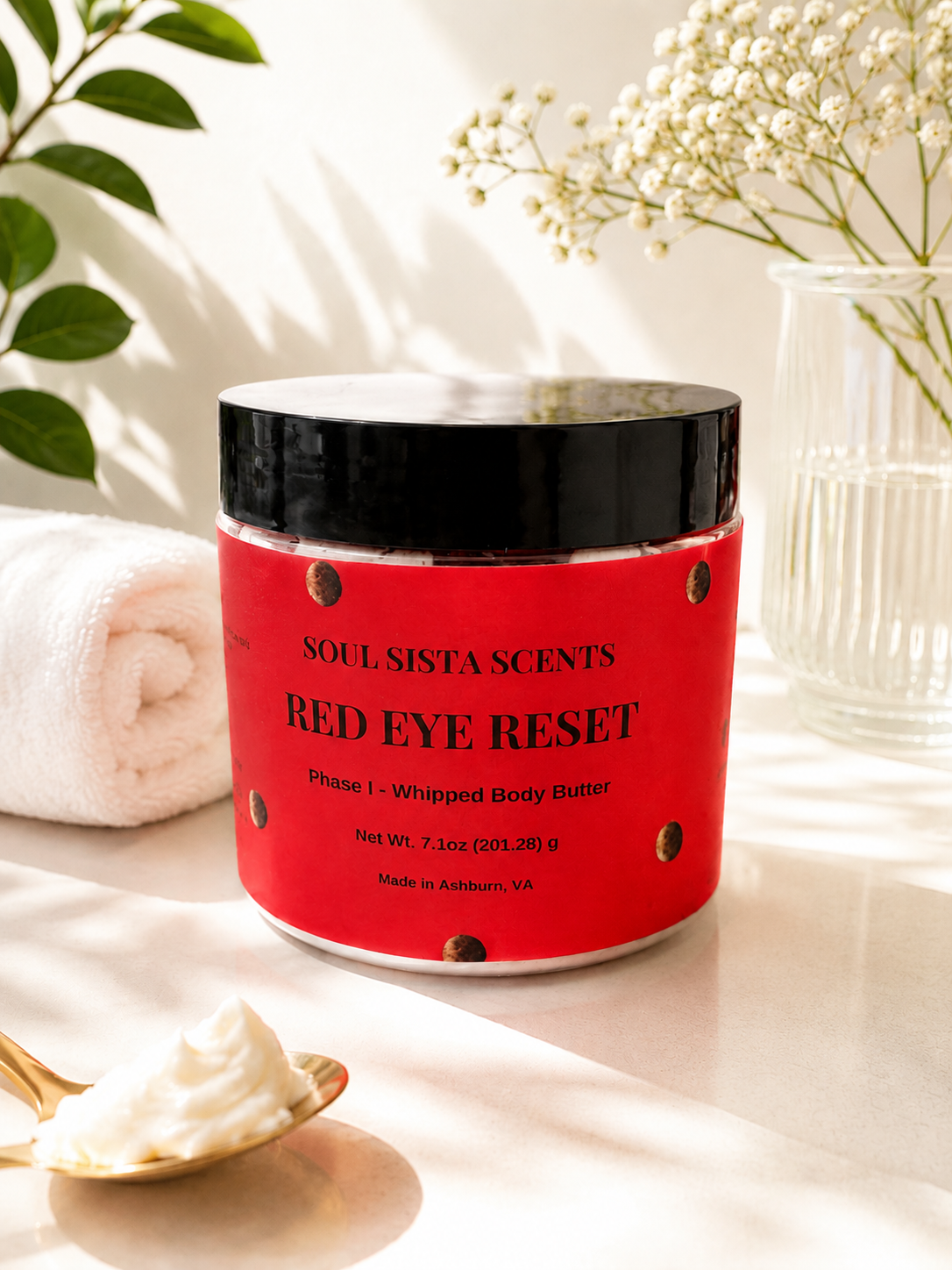 Soul Sista Scents Red Eye Reset Phase I Whipped Body Butter red label jar with a golden spoon of whipped cream

