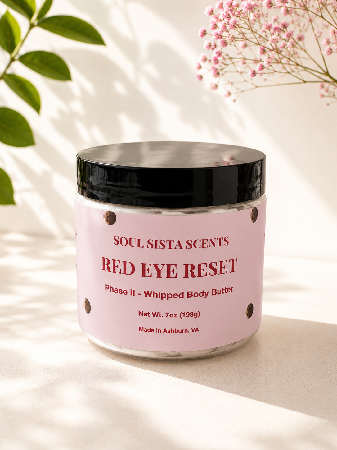 Soul Sista Scents Red Eye Reset Phase II Whipped Body Butter jar featuring a pink label with a crescent moon design
