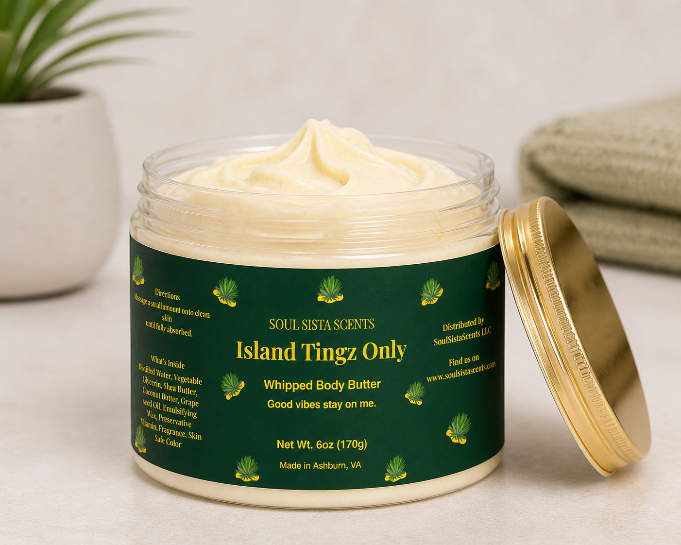 Soul Sista Scents Island Tingz Only Whipped Body Butter open jar showing thick swirled cream next to a gold lid
