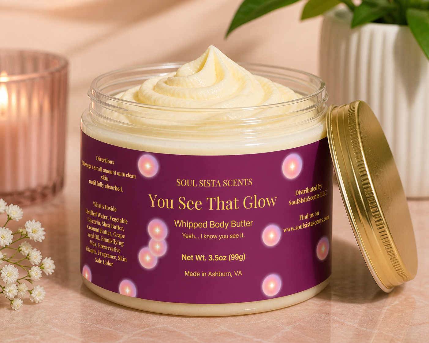 Soul Sista Scents You See That Glow Whipped Body Butter open jar of thick swirled cream next to a gold lid
