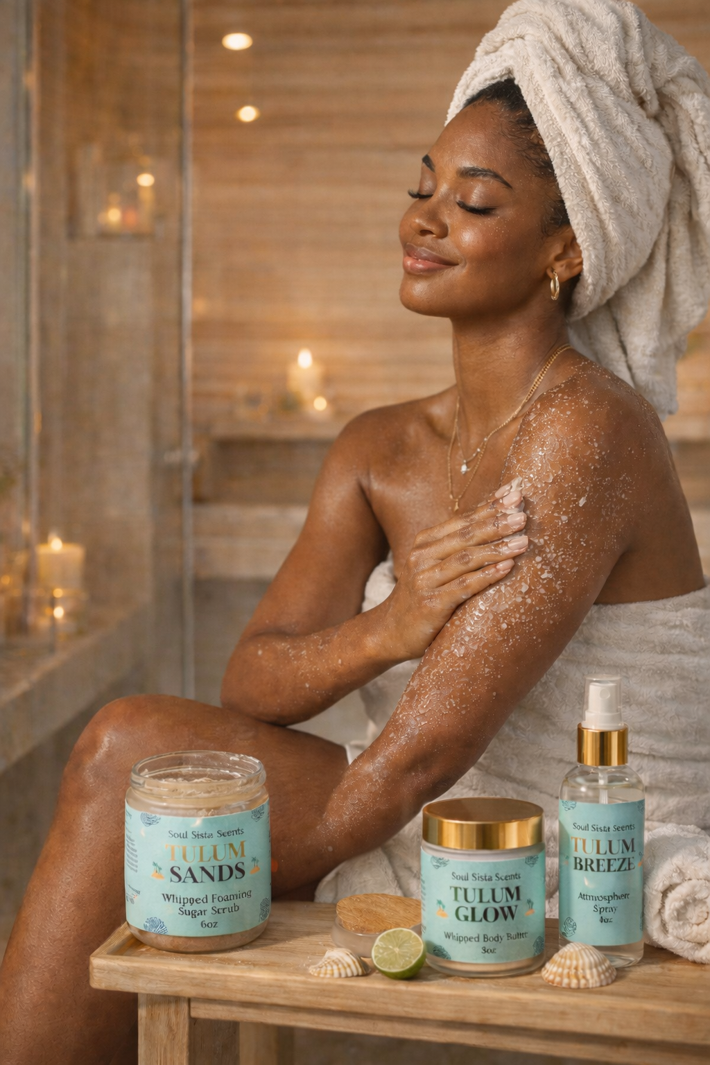 Woman in spa bathroom with Tulum Sands ritual products