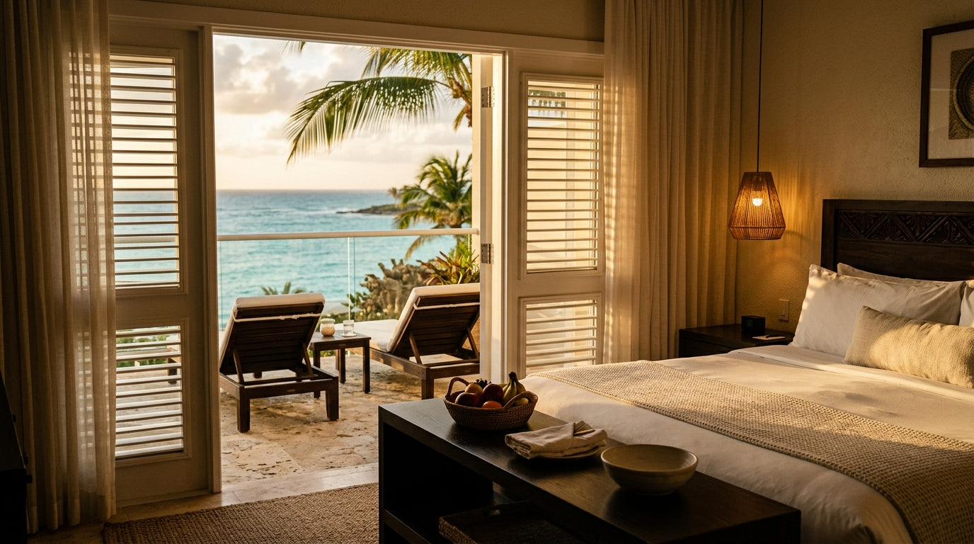 Luxury resort hotel room arrival with ocean view