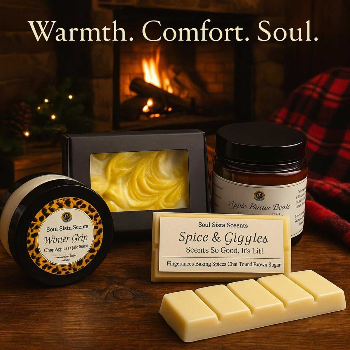 Christmas Gift Set with candle, whipped sugar scrub, handmade soap, and wax melt in cozy holiday packaging. Ideal self-care bundle for stress relief.