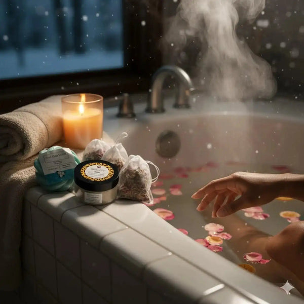 Christmas Spa Gift Set with sugar scrub, artisan soap, and aroma sachets beside a steaming rose petal bath. Ideal holiday self-care gift for her.