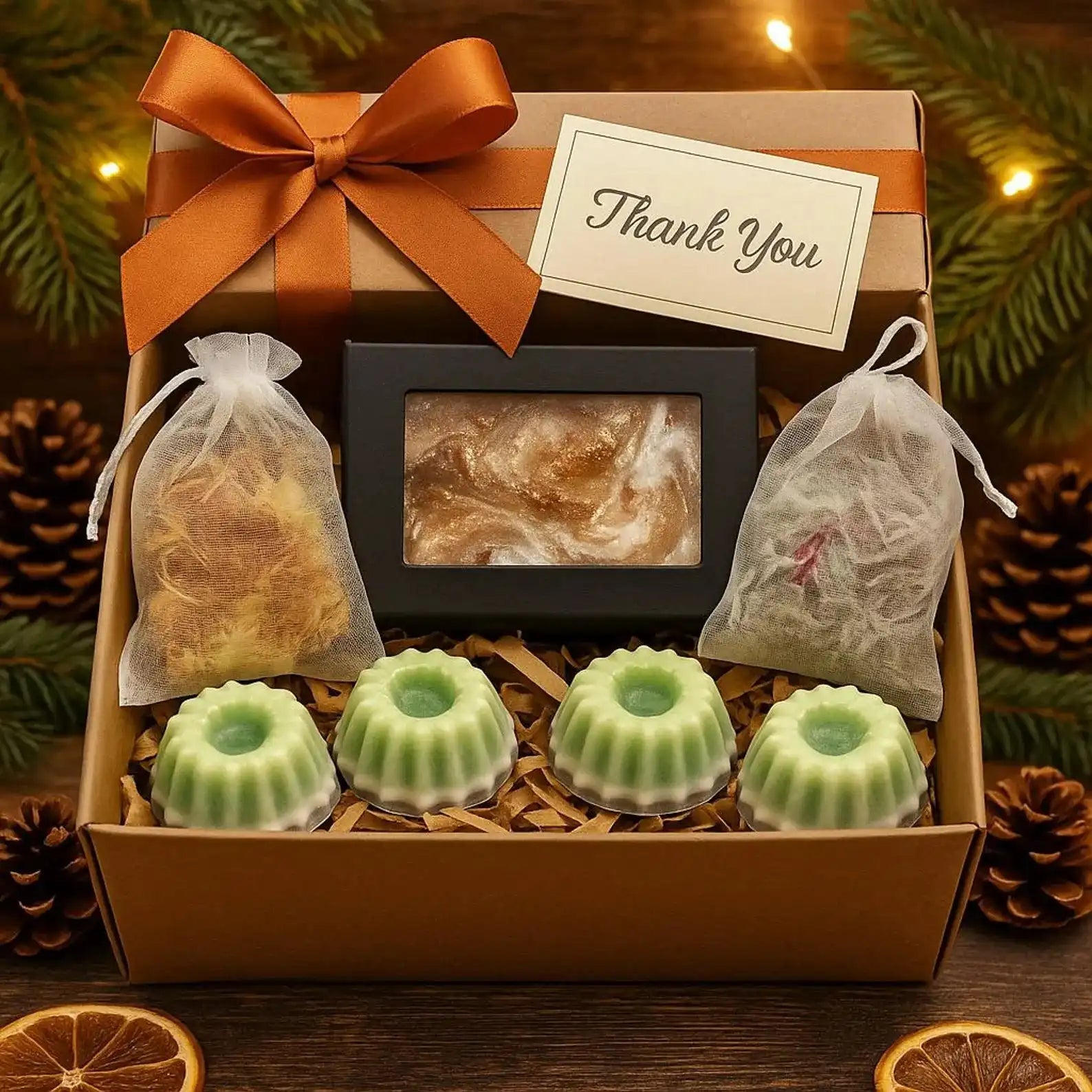 Christmas Home Fragrance Gift Set with wax melts, shimmer soap bar, and aroma sachets in a festive box with ribbon. Ideal holiday bath & body gift.