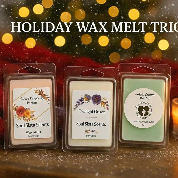 Christmas Wax Melts 3-Pack featuring Coze Raspberry Partan, Twilight Grove, and Petals Cream Nectar scents. Festive holiday home fragrance gift set.