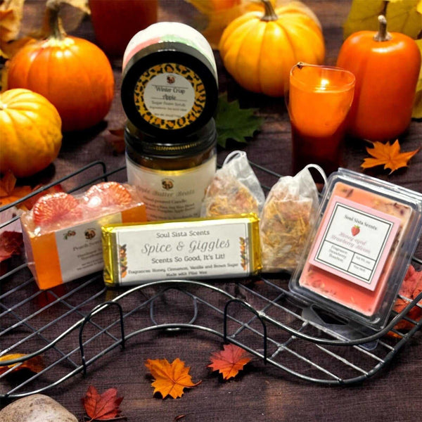 Festive Wax Melts Set - Christmas Hand-Poured Wax with candles, soap, and bath items in autumn decor. Ideal holiday gift for self care and relaxation.