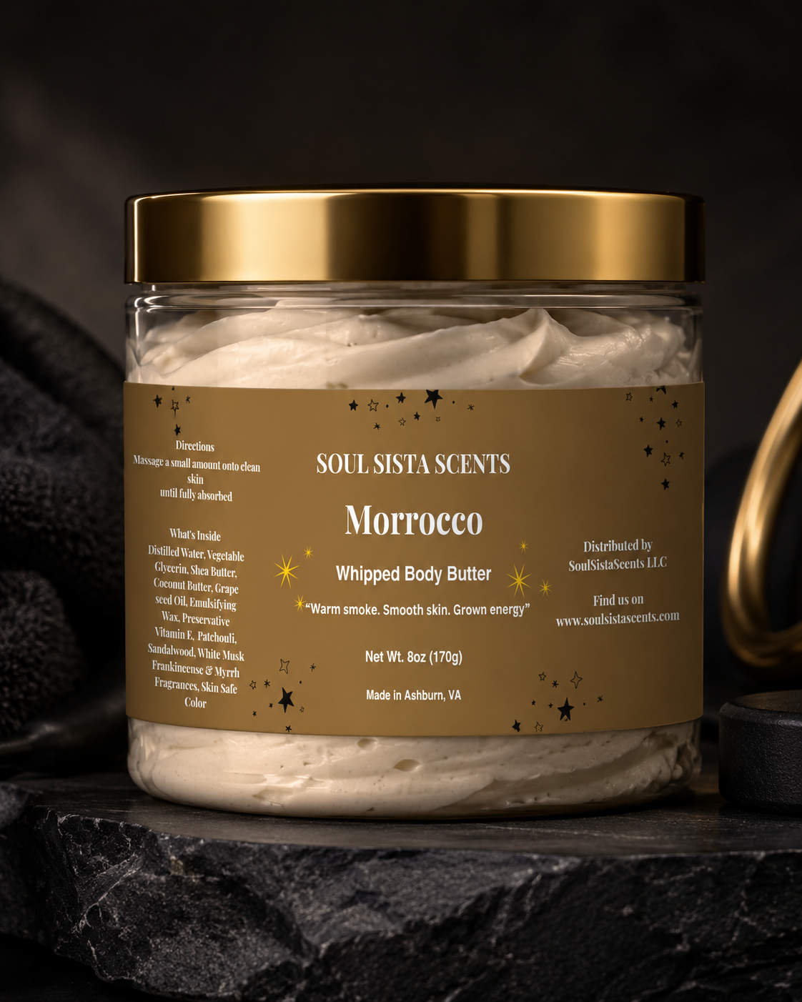 Morrocco Body Butter for Men – 6 oz – Coconut Oil, Mango Butter & Jojoba – Egyptian Musk, Patchouli, Frankincense + Myrrh